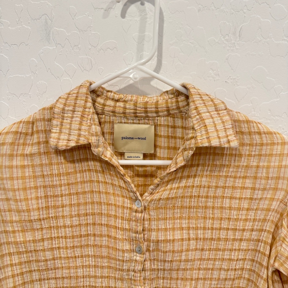 Paloma Wool Plaid Blouse Womens Tan Cream Textured Button Front Cotton Cropped - Picture 2 of 8